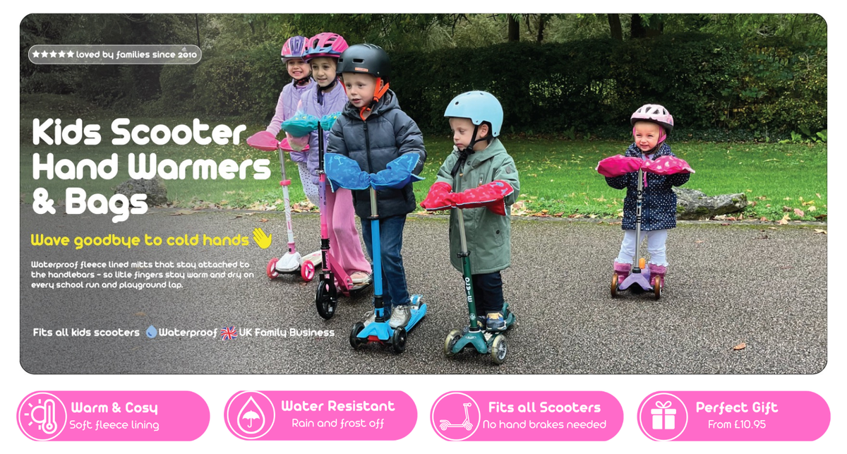 A promotional banner for kids' scooter hand warmers and bags, featuring children outdoors on scooters wearing pink hand warmers and helmets. The left side has text describing the product, and the bottom has four pink feature badges.