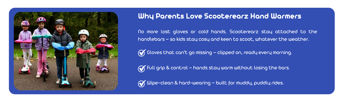 A promotional graphic with a blue background and a photo of children wearing colorful Scooterearz hand warmers on scooters. Text on the right explains the benefits of the hand warmers, including that they stay attached in the rain and are easy to clean.
