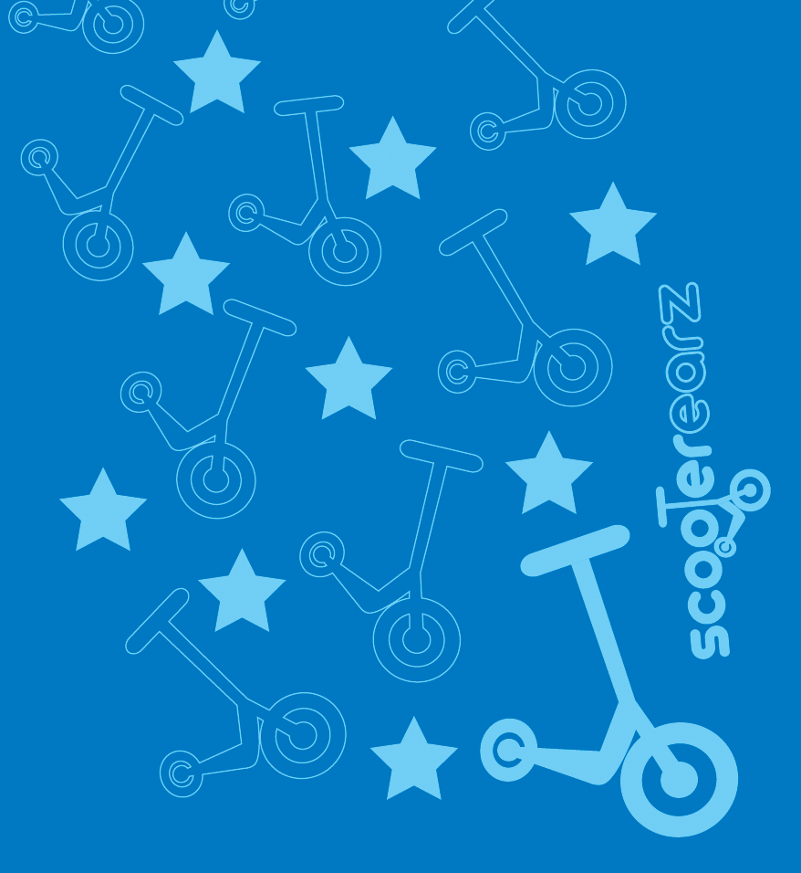 Pattern of scooters and stars on a blue background with 'scooterearz' branding.